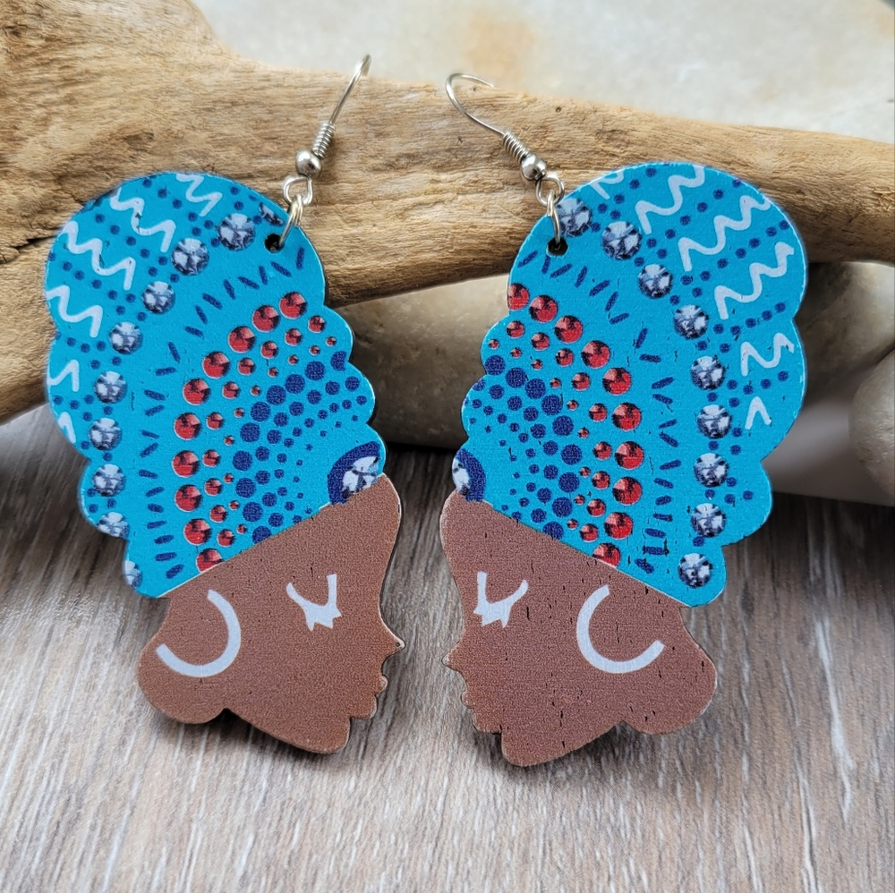 Handmade African Head Wrap Wood Earrings/Blue Earrings